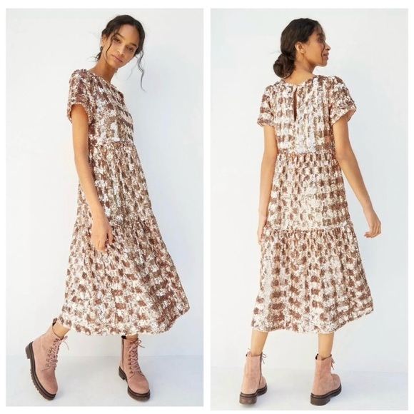 Rare Anthropologie Maeve Bernadette Sequined Midi Dress Rose Gold Chic Size M - Picture 1 of 16